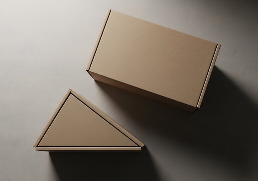 Two Brown Cardboard Shipping Boxes One Rectangular and One Triangular on a Neutral Surface