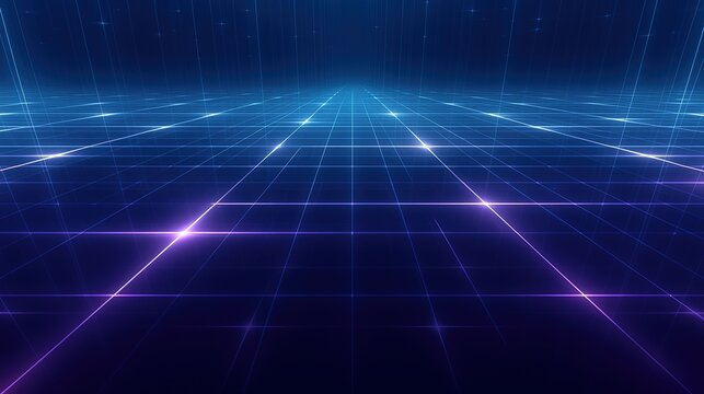 Retro cyberpunk perspective grid floor blue purple neon rays synthwave vaporwave wide banner background
