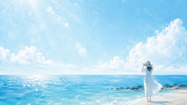 青い海を眺める白い服の女性