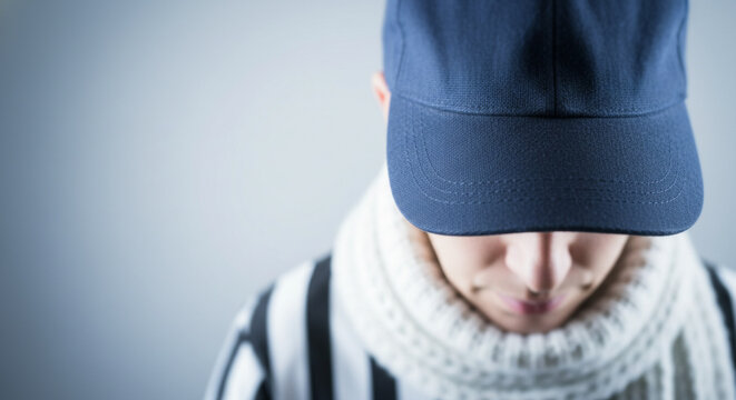 Close-up of a person wearing a dark blue baseball cap and a thick white scarf, looking down with a neutral expression against a plain grey background