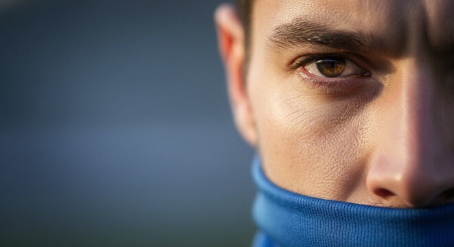 Close up of a young man's intense brown eye and part of his face covered by a blue scarf, looking directly at the camera with a serious expression