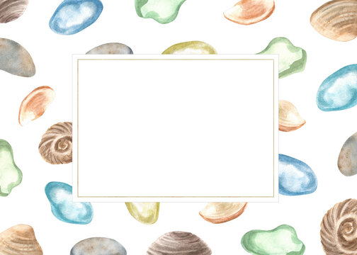 Watercolor illustration: horizontal frame with seashells and sea glass, hand-painted. Central area for text. In Mediterranean coastal style. For decoration, packaging, invitations, scrapbooking