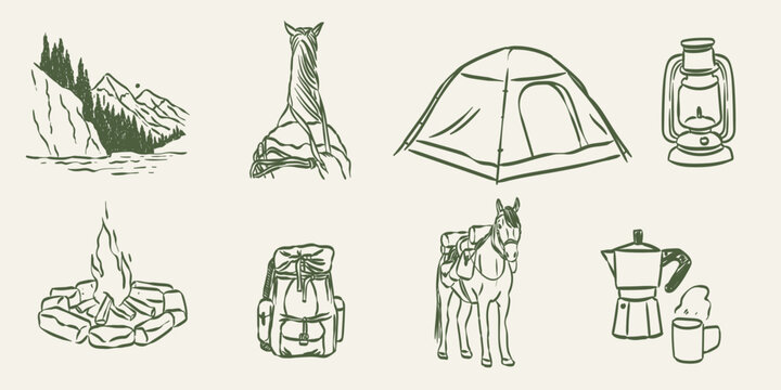Horse riding hiking camp icon set. Mountain forest adventure hand drawn vector sticker. Equestrian horseback trail, outdoor activity adventure badge print, campfire, backpack. Camping doodle design.