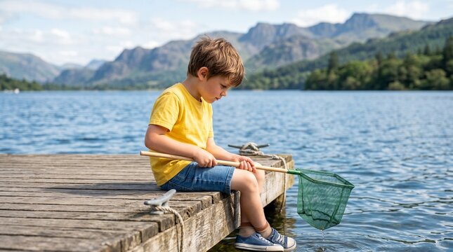Boy holding net while sitting on wooden pier by lake. Child playing with fishing net near water. Outdoor leisure activity, summer recreation in nature. Childhood discovery and exploration.