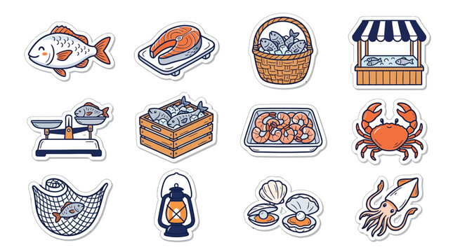 Collection of cartoon-style illustrations representing seafood and fishing elements.