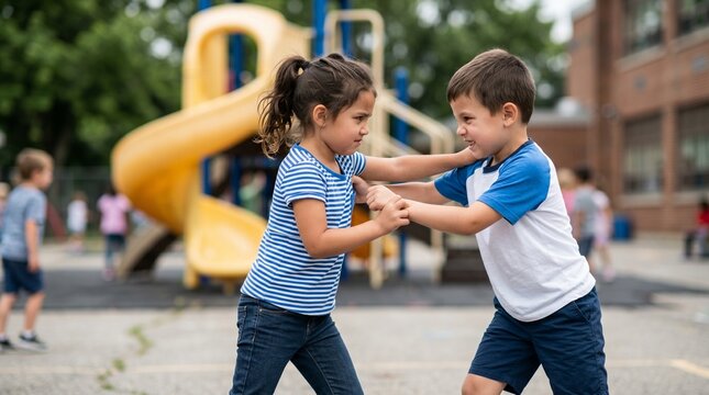 Child girl and child boy fighting on school playground. Angry children arguing confrontational during outdoor break. Behavioral psychology and social conflict among young student pupils.