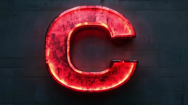 A bright red letter C illuminates a dark wall in an urban area during nighttime hours