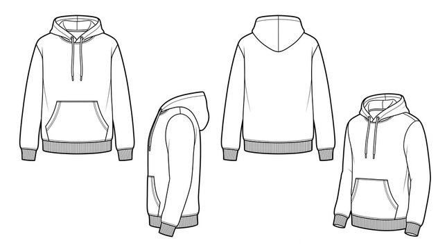 Pullover Hoodie Multi-View Technical Spec Sheet &mdash; Front, Back, Side & 3/4 View, Ghost Mannequin, Kangaroo Pocket, Drawstring Hood, Ribbed Cuffs, Flat Vector Linework, White Background