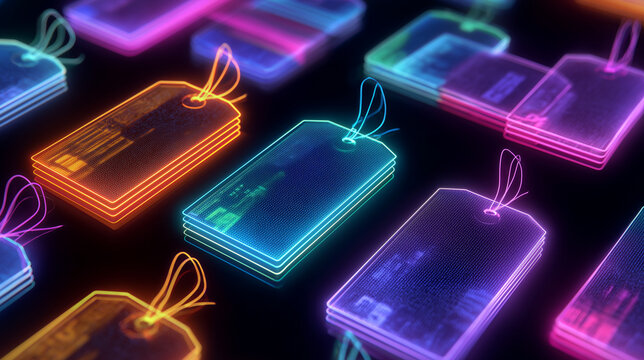Stacks of glowing retail tags with looped strings and dotted luminous surfaces in neon-lit 3D render