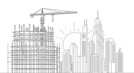 Obraz premium Minimalist line art illustration of a city skyline with a building under construction and a crane.
