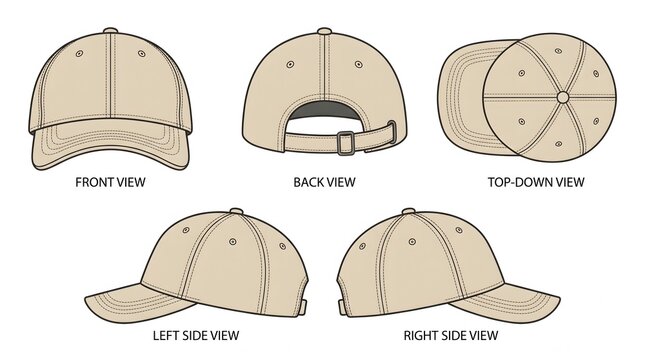 Technical Flat Vector Reference Sheet &mdash; Dad Hat 5-View Layout, Front Back Side & Top-Down, Unstructured Six-Panel Baseball Cap, Low Crown, Flat Color Fill, Fashion Apparel Illustration, White Backgrou