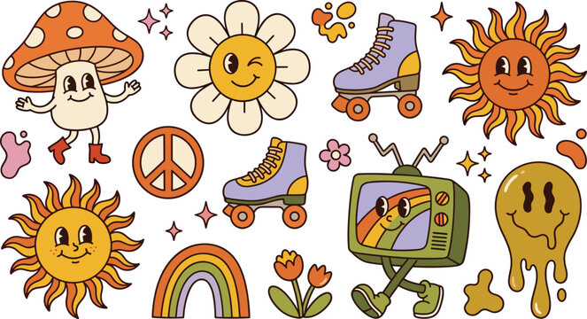 Retro Groovy Cartoon Collection with Smiling Sun Mushroom Rainbow Roller Skates and Vintage Seventies Characters Vector Illustration Set