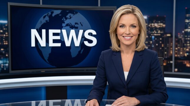 Woman newscaster sitting in modern television studio. Professional journalist reporting news on broadcast channel. Daily media program and information concept for television broadcasting.