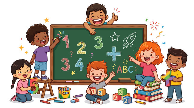Illustration of diverse children playing and learning around a colorful chalkboard with educational toys and books on a white background.