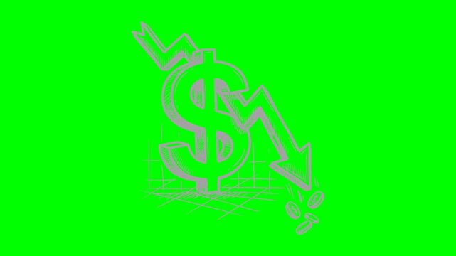 Hand drawn style dollar sign vector animation with a crashing down arrow and falling coins on a chroma key green screen background featuring a blinking white light effect