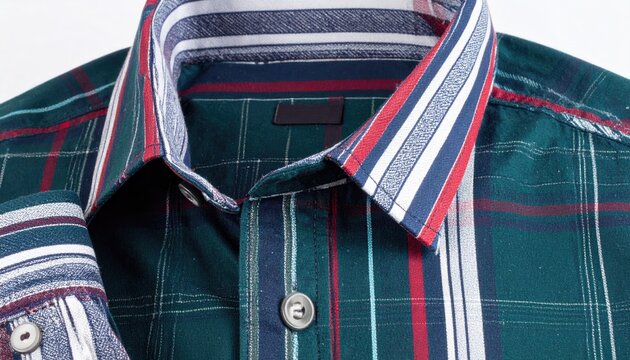 Detailed view of a green plaid button-up shirt with a striped collar