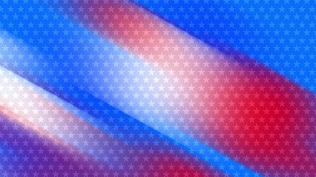 Diagonal red white blue gradient background with small star shapes in patriotic colors suitable for fourth of july, memorial day, or independence day designs.