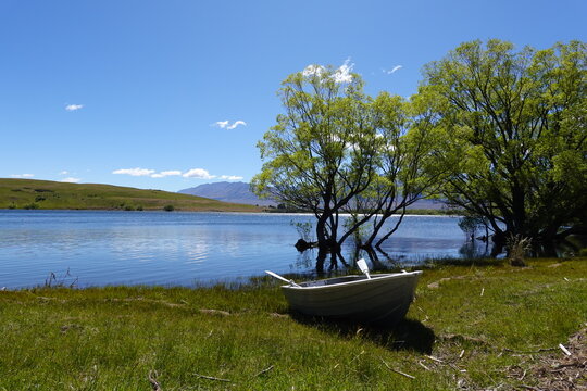 Ein kleines Holzboot liegt am idyllischen Ufer des Lake Alexandrina &ndash; Ruhiger See mit gr&uuml;nen Weidenb&auml;umen in Neuseeland