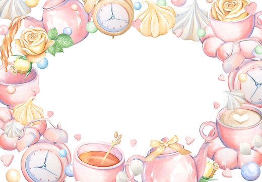 A watercolor rectangular frame with a tea theme. Tea, coffee, and sweets serve as templates for text, prints, design, menus, and packaging. Isolated pink elements are hand-painted in a coquettish