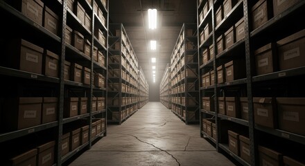 Fototapeta premium Large Industrial Archive Warehouse with Rows of Cardboard Boxes on Metal Shelves for Document Storage and Logistics
