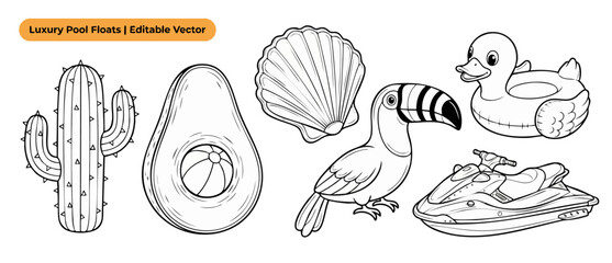 Obraz premium Pool floats coloring page vector line art set of inflatable summer toys featuring cactus, avocado, seashell, toucan, duck and jet ski outlines isolated on white background for kids activity books.