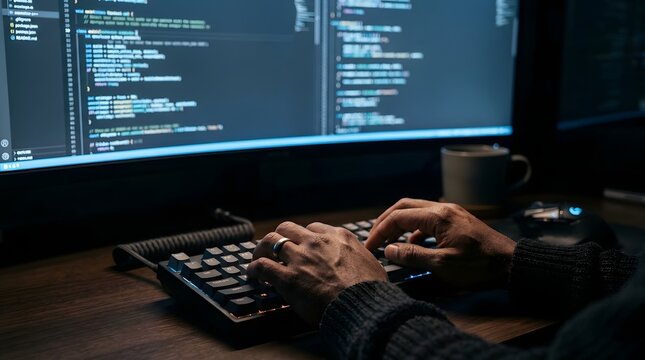 Software Developer Hands Typing Code on Mechanical Keyboard in Dark Room, Programmer Working Late