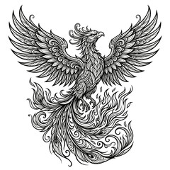Fototapeta premium Majestic Ornate Phoenix Mythical Bird Line Art Illustration with Intricate Wing and Tail Art