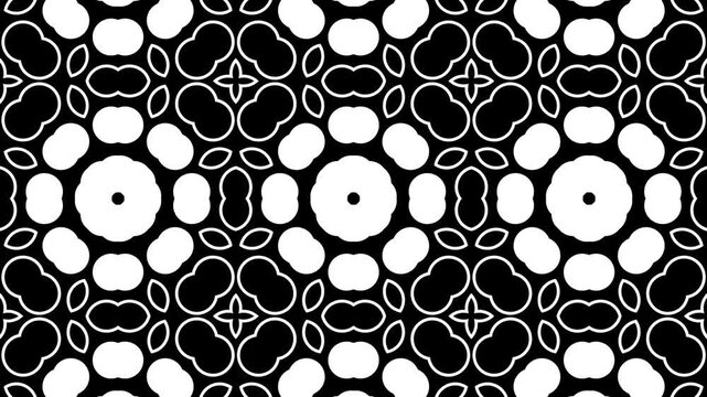Black and white abstract floral pattern repeats seamlessly. kaleidoscope motion. texture decorative.