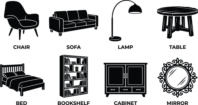Collection of household furniture silhouette icons including chair, sofa, lamp, table, bed, bookshelf, cabinet, and mirror for interior