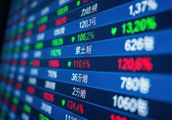 Fototapeta premium Digital Stock Market Board with Financial Data and Trading Indicators in Chinese Characters for Asian Economy