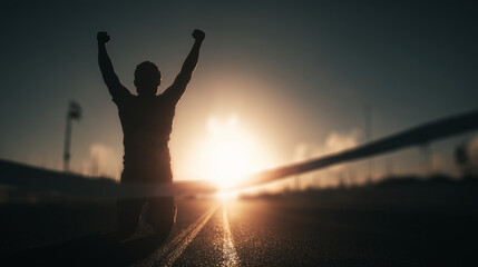 Fototapeta premium Silhouette of athlete raising fists in triumph on road at sunrise.