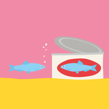 Marine Pollution Concept Illustration of Fish Looking at Canned Fish in the Ocean