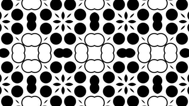 Black and white abstract floral pattern repeats seamlessly. kaleidoscope motion. Geometric shapes interlock in a symmetrical.