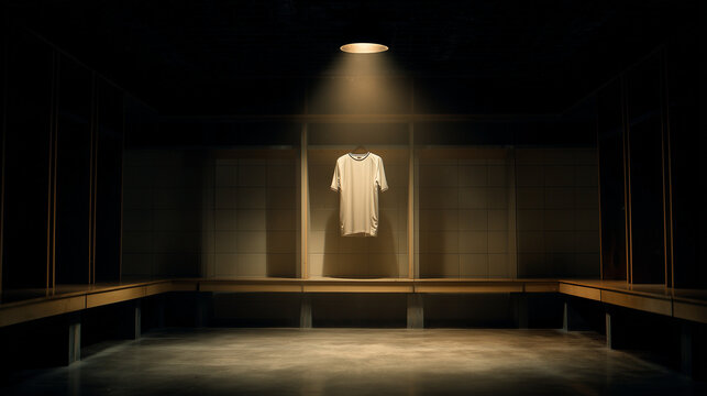 Blank white sports jersey hanging in spotlight in empty locker room.