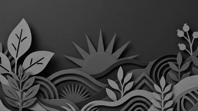 Stylized paper art landscape with rising sun and organic plant shapes in dark grayscale tones for creative motion video background