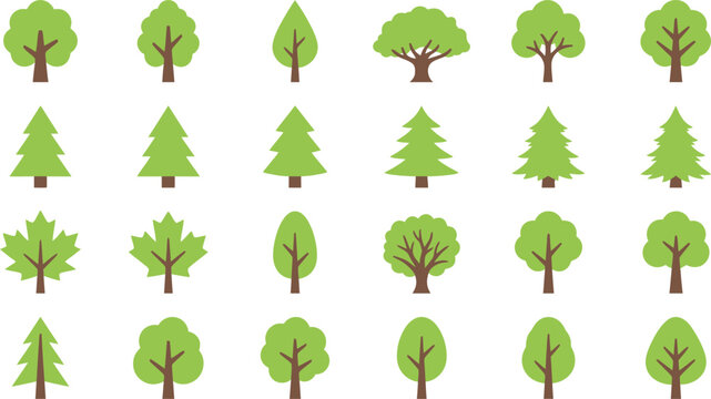 Set of various green trees icons, different shapes and types of trees