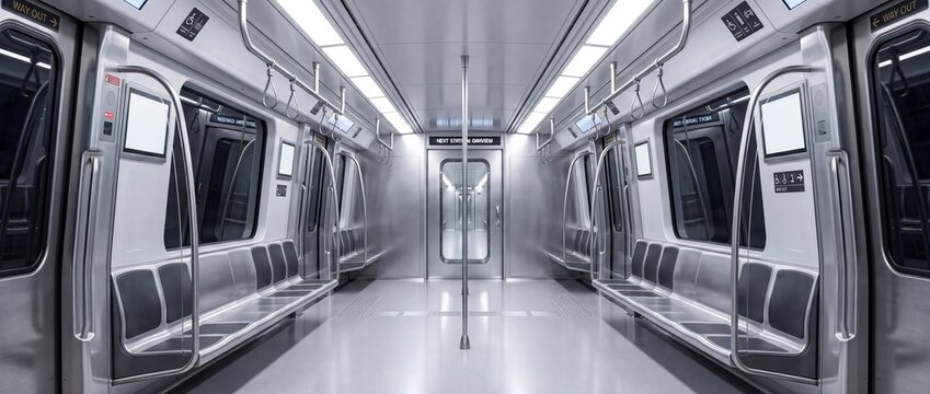Modern empty subway train interior with stainless steel, bright lights, and multiple doors creating a sense of futuristic public transportation