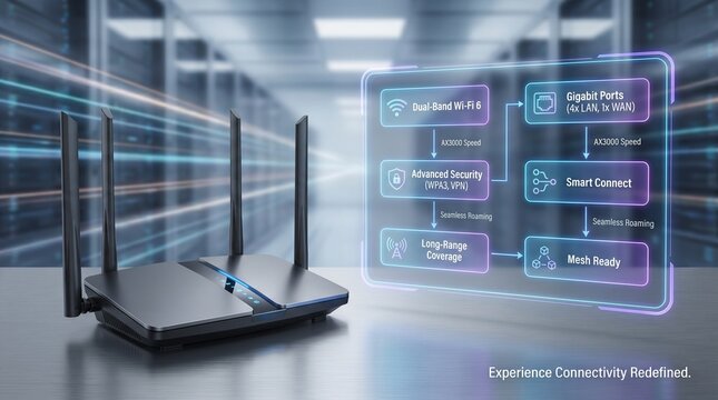 Modern wifi 6 router with advanced connectivity features displayed in a digital holographic interface