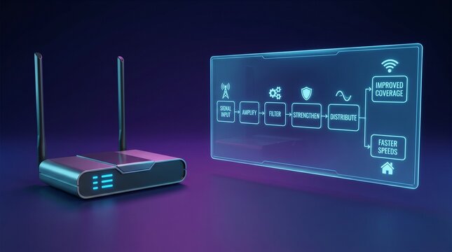 Wireless router with futuristic holographic signal processing interface