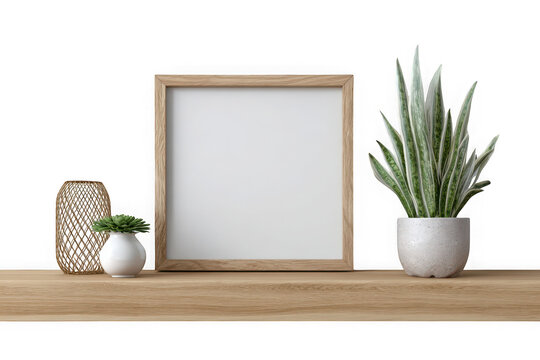 A framed empty picture hanging between a potted plant and a small dog figurine on a wooden shelf