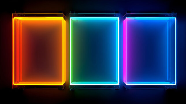 Three vertical neon-framed transparent panels with orange, cyan and blue halos mounted on dark wall in 3D render