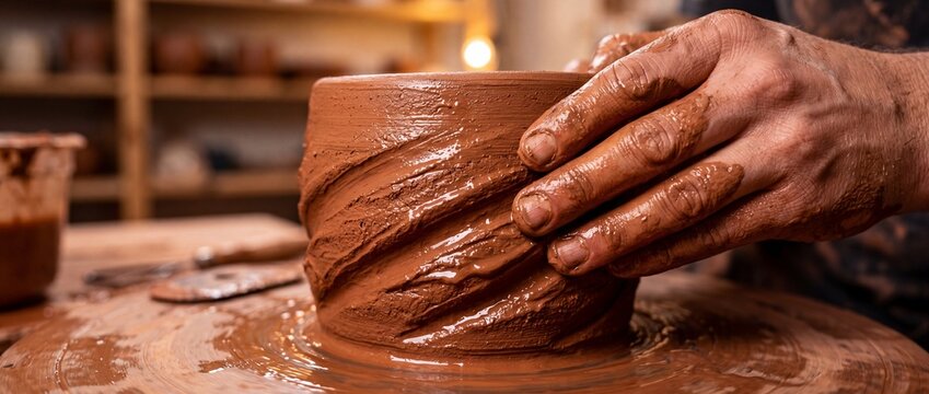 Hands shaping clay on pottery wheel, creating unique ceramic artwork in studio, skillful craftmanship