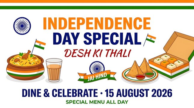 Independence day special desh ki thali banner with indian flag, biryani, samosa, sweets and tea isolated on white background