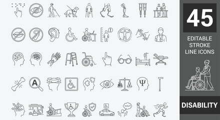 Naklejka premium Disability icon set. featuring of physical and mental development, assistive devices,and more. Outline Icon Collection. Editable stroke. Vector illustration 