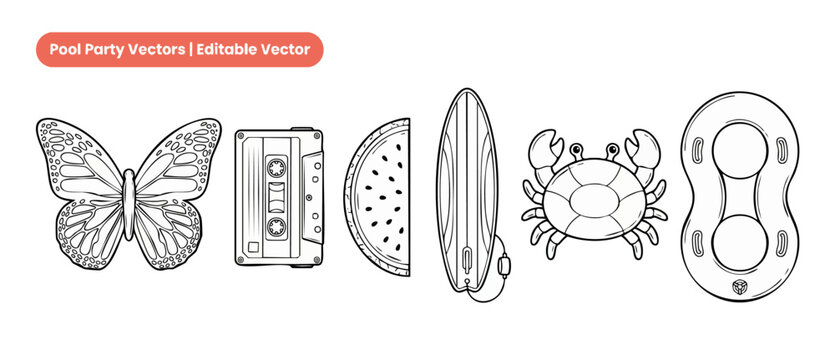 Summer pool party icon vector set featuring butterfly, cassette tape, watermelon slice, surfboard, crab, and inflatable pool float. Outline coloring book elements for tropical beach vacation designs.