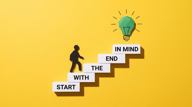 Staircase concept with a walking figure leading from start through with and the end to an illuminated in mind lightbulb against a bright yellow background with copy space.