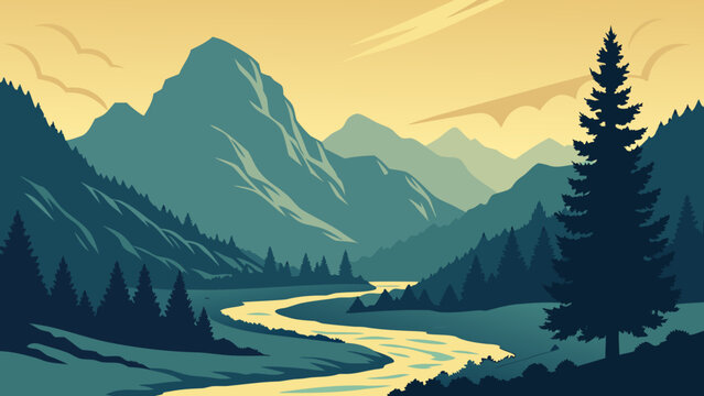 Theth Alpine Valley Sunrise Vector Illustration