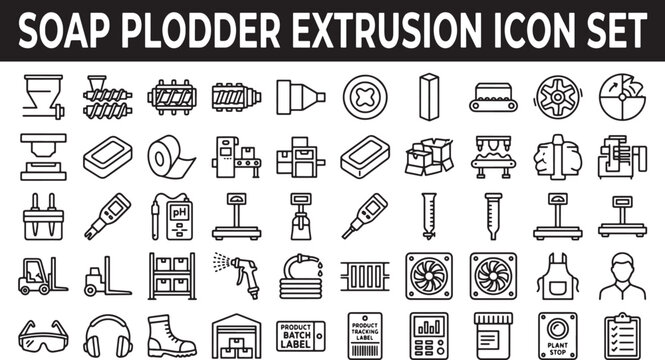 Soap Plodder Extrusion Icon Set Featuring Industrial Manufacturing Equipment and Production Line Process Symbols in Vector Format
