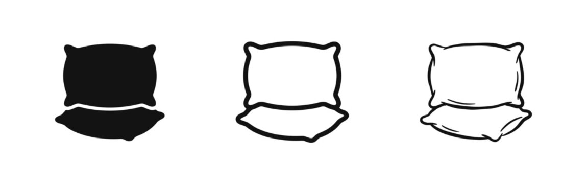 Two pillows stack icon set in solid, outline, and hand-drawn sketch styles for bedroom interior design.
