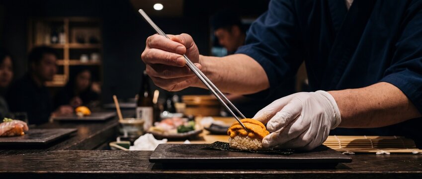 Japanese chef preparing sushi with uni, using chopsticks, focusing on detailed food presentation in restaurant